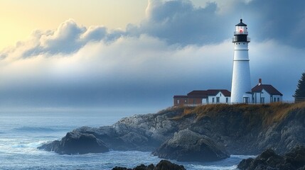 Picturesque Lighthouse Standing on Rocky Coast Against Dramatic Sky