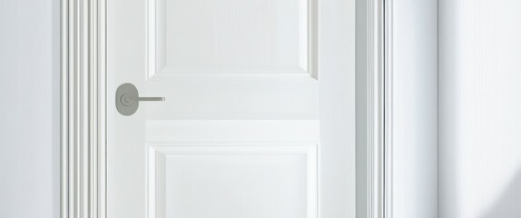 A close-up photograph of a white door with a silver doorknob, taken from a low angle. The door is centered in the frame, and the background is a plain white wall. The lighting is soft and even, castin