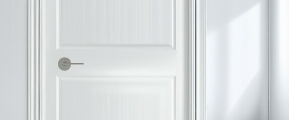A close-up photograph of a white door with a silver doorknob, taken from a low angle. The door is centered in the frame, and the background is a plain white wall. The lighting is soft and even, castin