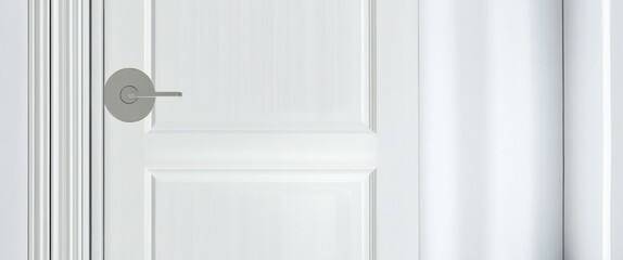 Obraz premium A close-up photograph of a white door with a silver doorknob, taken from a low angle. The door is centered in the frame, and the background is a plain white wall. The lighting is soft and even, castin