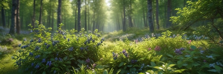 Spring forest landscape with a blueberry bush in full bloom amidst the greenery, outdoor scenery, garden blooms, blueberry flower blooming
