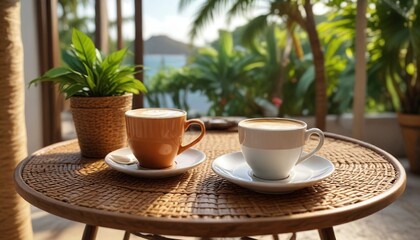 Coffee cup on a rattan table in a tropical home, table, home, coffee