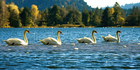 Fototapeta premium Four swans swimming on a lake