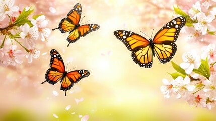 Colorful butterflies fluttering among cherry blossoms in a tranquil garden setting