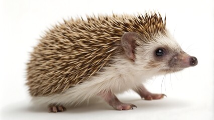 Obraz premium A close-up of a hedgehog on a white background, showcasing its brown spines, small eyes, and soft belly for a clean, simple look