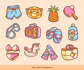 Pool Party Stickers Doodle Color Vector Collection 