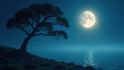 Fototapeta premium Tree with branches reaching up towards a half-moon shining through a veil of fog over the dark blue sea, hazy light, moon