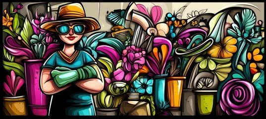Confident gardener amidst vibrant, blooming flowers.