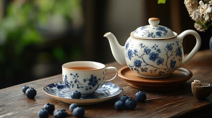 Fototapeta premium Blue floral teapot, teacup, blueberries, wooden table.