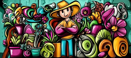 Obraz premium Cartoon gardener with flowers on colorful wall.
