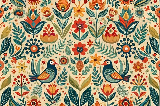 scandinavian folk art flower and bird seamless pattern