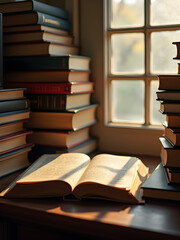 A detailed shot of a library corner, with open books and stacked novels illuminated by soft light streaming through a large window. The scene is inviting, with warm tones and analog-inspired textures