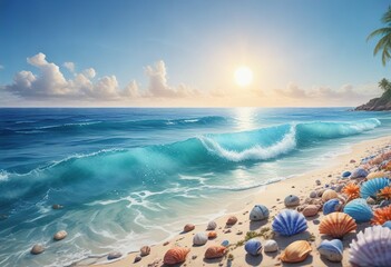 Watercolor painting of serene blue ocean scene with scattered seashells and tropical flowers, peaceful, serene, flower