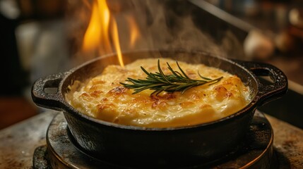 Hot gratin dish with flame and rosemary.