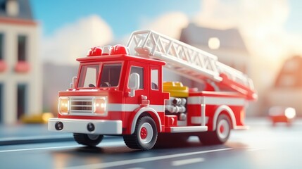 Red toy fire truck driving on city street.