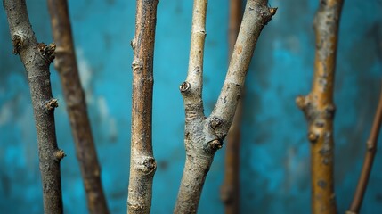 Closeup of Tree Branches Against Teal Background