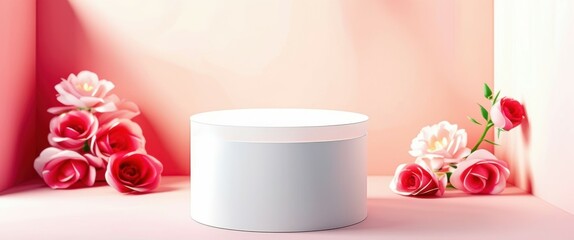 Photo of a white cylindrical object on a pink background with pink and white flowers scattered around it. The object is centered and has a soft, diffused light shining on it. The flowers are in variou