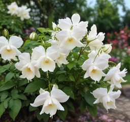 Obraz premium White Bleeding Heart roses blooming in a garden , bleeding heart rose, flowers, garden