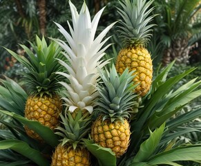 White and yellow ananas with green leaves in a botanical garden, fruit, nature, botanical garden