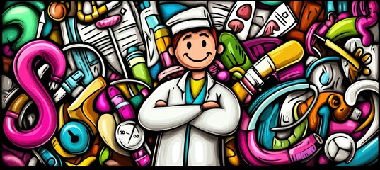 Cartoon doctor with medical objects.