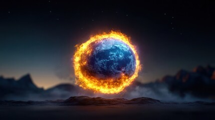 Obraz premium A fiery globe representing Earth surrounded by flames.