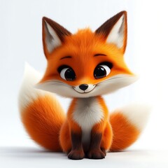 Fototapeta premium 3D cartoon illustration of a cute and playful orange fox, featuring big eyes, fluffy tail and mischievous pose, isolated on a white background.