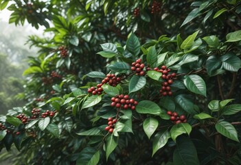 Wide angle view of an entire Arabica coffee plant with lush green leaves and small coffee beans, leafy plants, outdoor scene, landscape photography