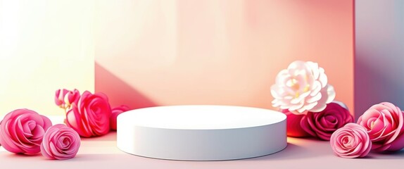 Photo of a white cylindrical object on a pink background with pink and white flowers scattered around it. The object is centered and has a soft, diffused light shining on it. The flowers are in variou