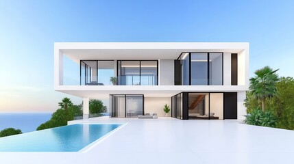 Modern villa with a pool overlooking the ocean at sunset.