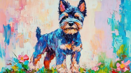 Fototapeta premium Colorful oil painting of cute dog, standing on grass.