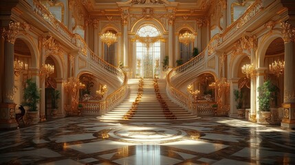 Grand palace, opulent golden staircase, sunlit marble floor.