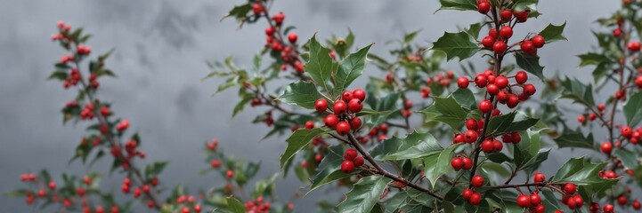Winterberry holly with bright red berries against a grey sky, evergreen tree, cold weather, red berries