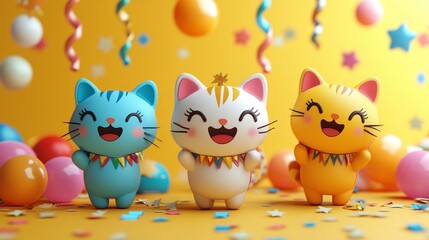 Obraz premium A lighthearted Hanukkah greeting featuring cartoon animals, festive decor, and colorful stars, set on a cheerful yellow background that spreads joy.