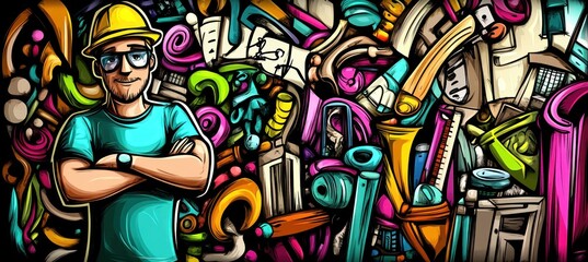 Obraz premium Man with hardhat, artistic doodle background.
