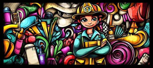Firefighter with colorful abstract doodle background.