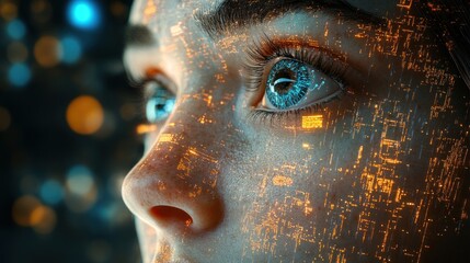 Woman's face, glowing circuits, futuristic, digital.