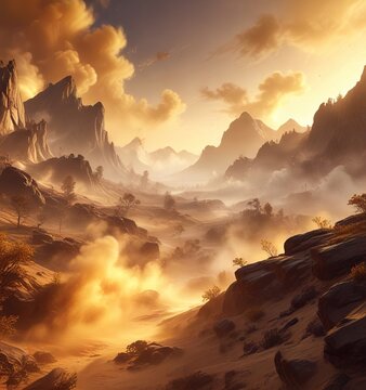 delicate wisps of golden smoke waft through a dreamlike landscape, gentle, landscape