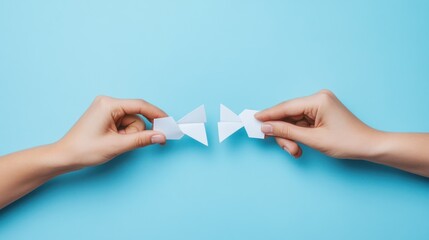 Hands join origami paper birds on light blue.