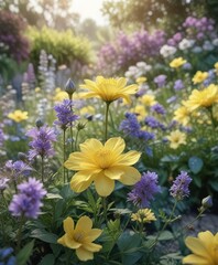 Yellow and pastel purple blue flowers in a garden with a soft focus effect for a dreamy feel, serene landscape , flowers