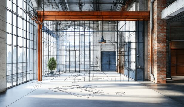 Industrial loft space with large windows and architectural plans.