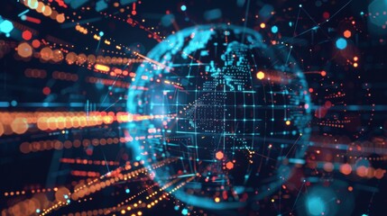 Obraz premium Complex network of interconnected nodes and lines forming a world map, symbolizing global data exchange and big data analysis with futuristic visualization