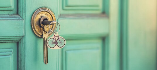 Keys in a door lock with bicycle charm.