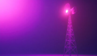 Pink light illuminates communication tower, against dark background.