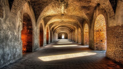 Fototapeta premium Brick arched tunnel with sunlight.