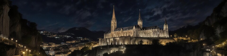Fototapeta premium Dimly lit night sky above Basilica di Lourdes, architecture, faith