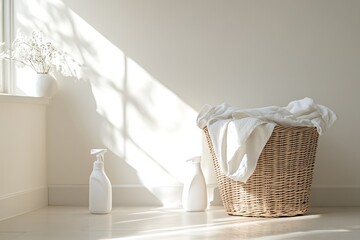 Laundry basket with white linens and cleaning sprays in sunlit room.