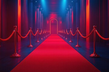 Red carpet leads to arched doorway in a grand hall, with stanchions lining the path. Perfect for illustrating elegance, award ceremonies, or VIP events.