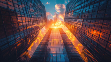 futuristic cityscape with towering skyscrapers reflecting vibrant sunset sky