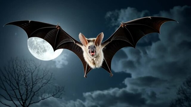 A vampire bat at night, lit by the moon, with its wings spread and fangs visible.