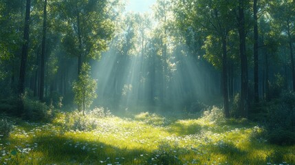 Obraz premium Sunlit forest clearing, wildflowers, mystical light.